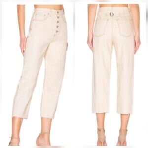 We The Free Crop Barrel Jeans Women 29 Ivory Button Fly FP Denim Frayed Hem Hi